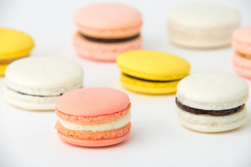Cake macaron or macaroon isolated on white background, sweet and colorful dessert