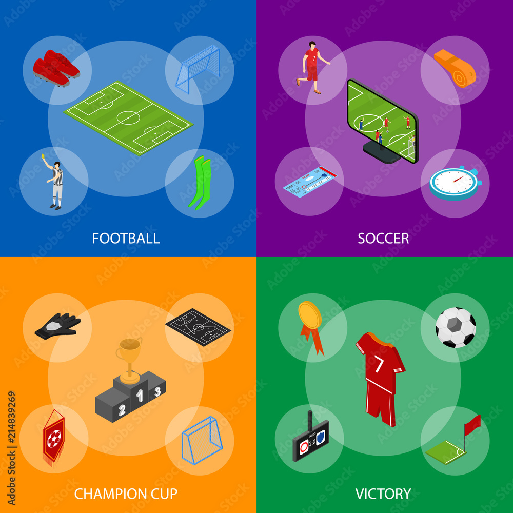 Poster Football or Soccer Game Banner Set Isometric View. Vector