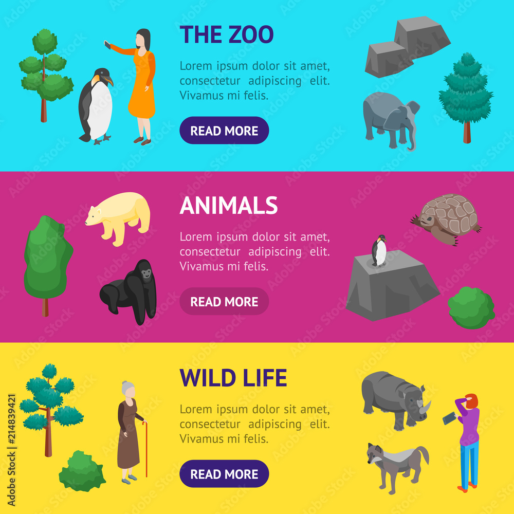 Poster zoo concept banner horizontal set 3d isometric view. vector