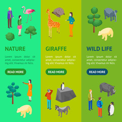 Zoo Concept Banner Vecrtical Set 3d Isometric View. Vector