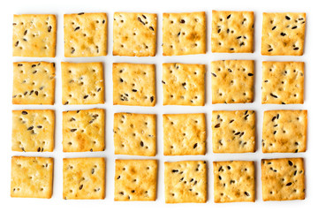 Cookies are laid out on a white. The view from the top.