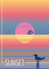 Plakaty  Minimalistyczny zachód słońca na morzu, oceanie, z żaglówką i mewami. Wakacje letnie, ulotki, baner, plakat, tło, tło wektor. EPS 10