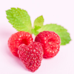 Raw ripe raspberries with fresh green mint leaf isolated on pink pastel background.