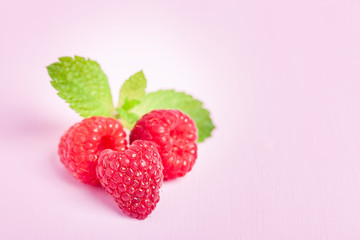 Raw ripe raspberries with fresh green mint leaf isolated on pink pastel background with copy space.