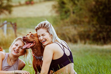 Two jouful young girls caressing their dogs, wearing sport clothing, enjoying their time and...