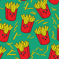 Cute kids french fries pattern for girls and boys. Colorful french fries on the abstract grunge background create a fun cartoon drawing.The pattern is made in neon colors. Urban french fries pattern