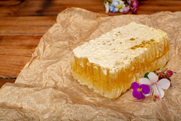 Homemade organic honey in honeycomb from farm apiary on mountains meadows with summer wild flowers