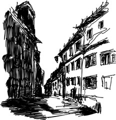 architectural sketch of narrow street with old houses with deep dark shadows