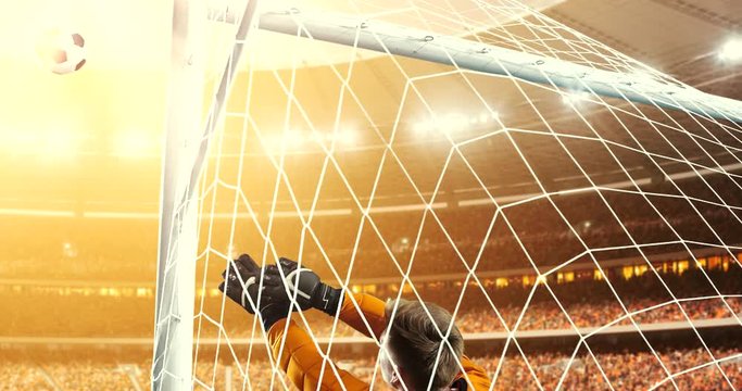 Goalkeeper shows great save from a goal on a professional soccer stadium while the sun shines. Stadium and crowd are made in 3D and animated.