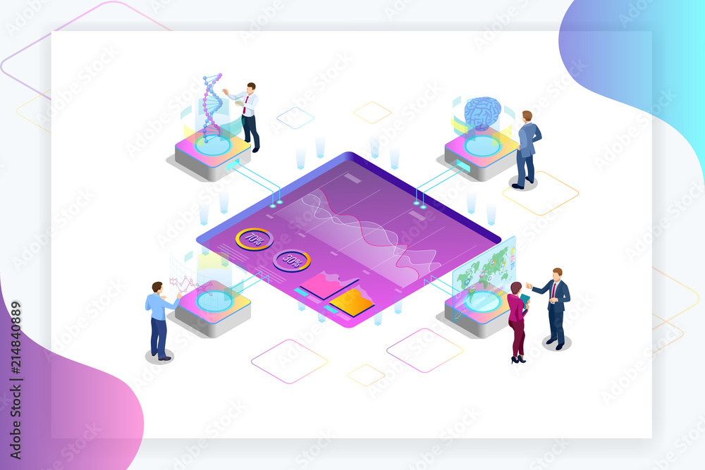 Poster isometric big data network visualization, advanced analytics, interacting data analysis, research, a