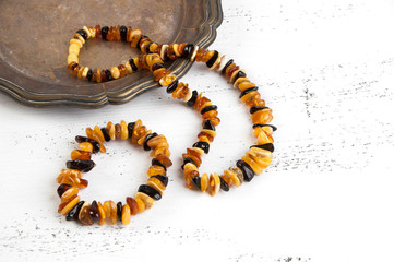 Vintage amber necklace and bracelet in metal plate