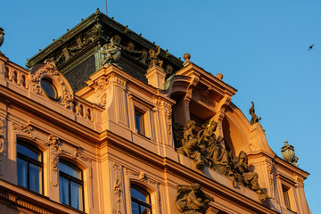 Fototapeta na wymiar Evening building facade. Prague's architecture.