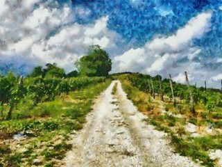Fototapeta na wymiar Hand drawing watercolor art on canvas. Artistic big print. Original modern painting. Acrylic dry brush background. The road between the spacious field that goes far into the distance. 