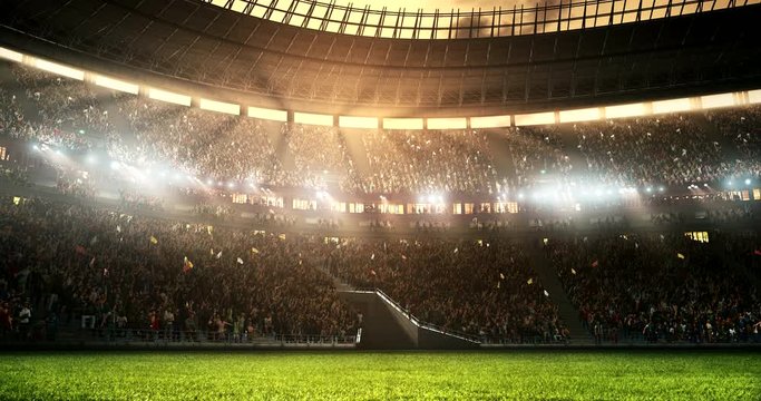 Footage of a professional soccer stadium while the sun shines. Stadium and crowd are made in 3D and animated.