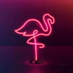 Obraz premium Glowing Neon effect sign with Pink Flamingo. night club or bar concept. on dark background. editable vector