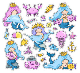 Big set of little mermaids stickers. Crab, jellyfish, octopus, dolphin and narwhal. Under the sea. Set of cartoon patches, badges, pins and prints. Doodle style. Vector illustration.