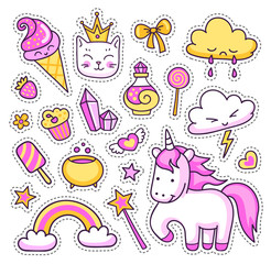 Unicorn, rainbow, magic elements, stars, clouds, cat, ice cream, sweets and hearts on white background. Set of cute cartoon stickers, patches and pins. Doodle, hand drawn style. Vector illustration