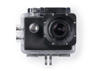 Action camera in water box isolated