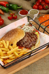 Fresh Burger and French Fries in Basket