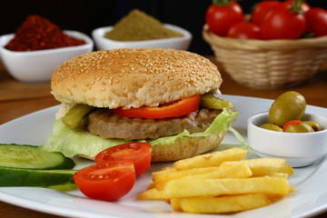Delicious burger with french fries