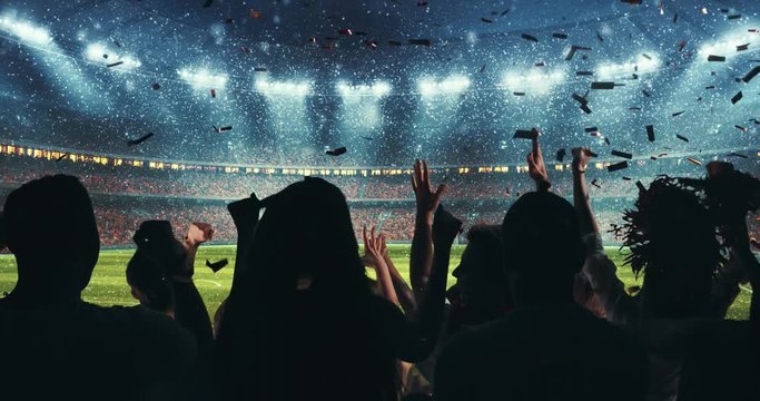 Fans Celebrating The Success Of Their Favorite Sports Team, A Couple Is Hugging On The Stands Of The Professional Stadium While It's Snowing. Stadium Is Made In 3D And Animated.