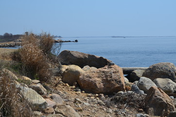 An ocean landscape with rocks