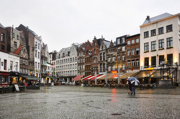 A square in Antwerp on rainy day, Belgium, Europe