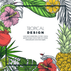 Tropical frame with leaves, pineapple, pomegranate, lemon. Vector illustration. Poster, banner, greeting card template.