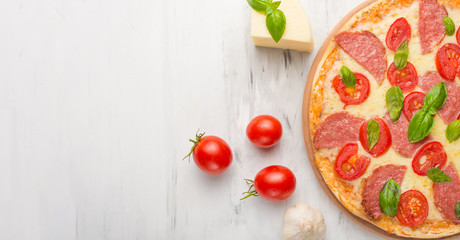 Food ingredients and spices for cooking mazarella cheese, cherry tomatoes, garlic, basil and delicious Italian pizza on a light background. Copyspace. View from above. banner