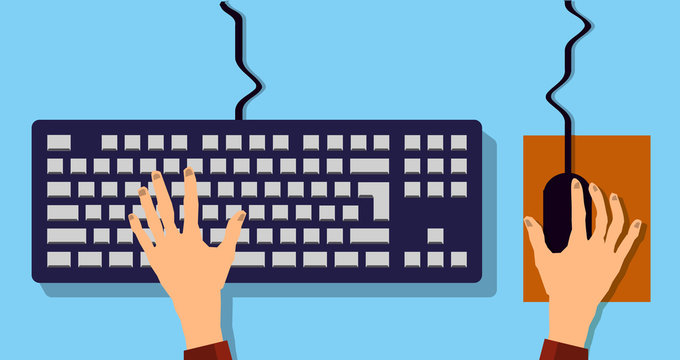 Flat Hands typing on keyboard with cable and blue background vector illustration