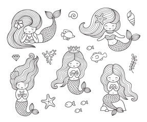 Beautiful little mermaids. Set of hand drawn vector illustrations for coloring book, isolated on a white background. - obrazy, fototapety, plakaty