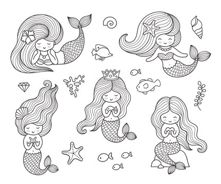 Beautiful little mermaids. Set of hand drawn vector illustrations for coloring book, isolated on a white background.