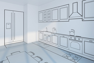 kitchen planning design, concept 3d rendering