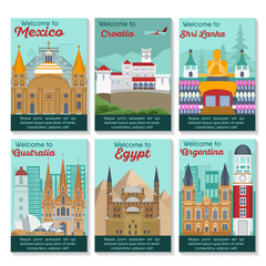 Fototapeta premium Set of different cities for travel. Landscape template flyer. Landmarks banner in vector. Travel destinations cards. Mexico, Croatia, Shri Lanka, Australia, Egypt, Argentina