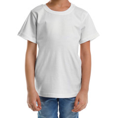 Little girl in t-shirt on white background. Mockup for design