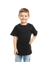 Little boy in t-shirt on white background. Mockup for design