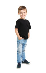 Fototapeta premium Little boy in t-shirt on white background. Mockup for design