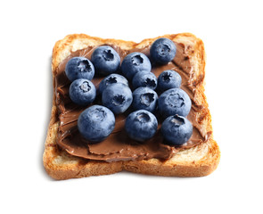 Toast bread with chocolate spread and blueberry on white background