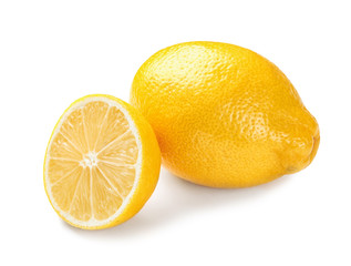 Naklejka na ściany i meble Ripe whole and sliced lemons on white background