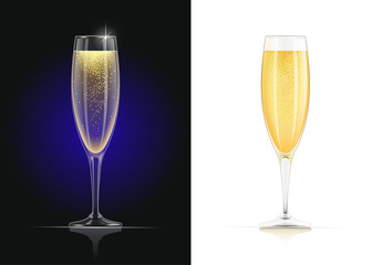 Champagne glass. Wines glassware in dark and white background.