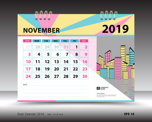 Desk calendar for NOVEMBER 2019 template, Printable calendar, Planner design template, Week starts on Sunday, Stationery design, minimal vector illustration