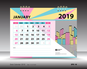 Desk calendar for January 2019 template, Printable calendar, Planner design template, Week starts on Sunday, Stationery design, minimal vector illustration