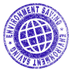 ENVIRONMENT SAVING stamp print with distress texture. Blue vector rubber seal print of ENVIRONMENT SAVING label with scratched texture. Seal has words placed by circle and globe symbol.