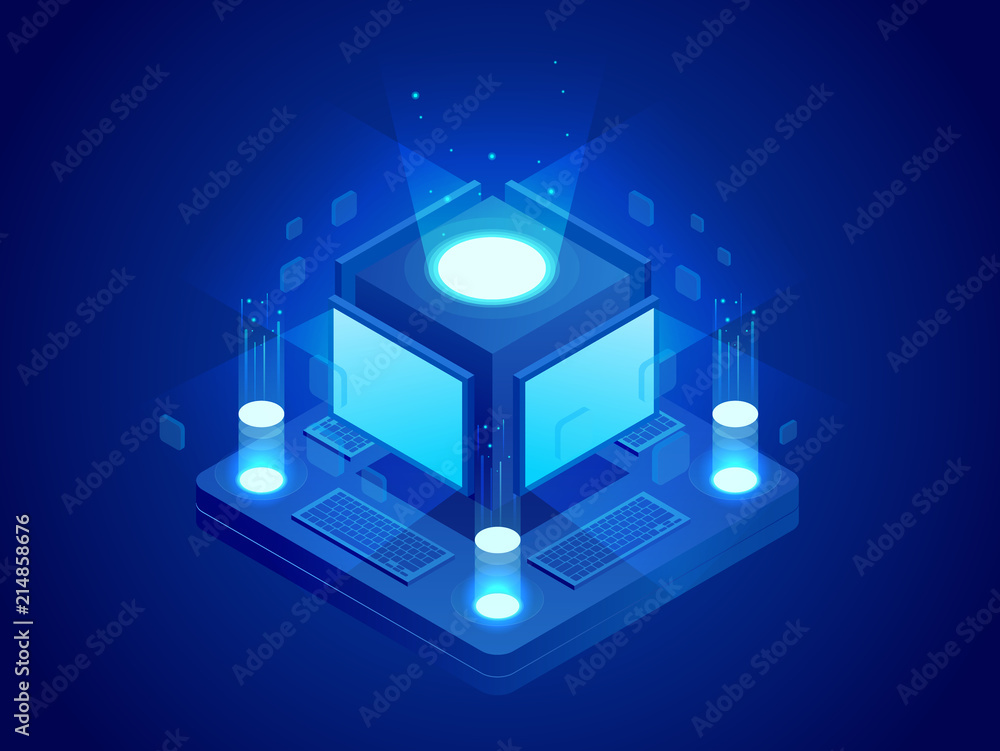 Poster isometric concept of artificial intelligence controls computers or internet, digital network. chatbo