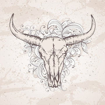 Vector illustration with a wild buffalo skulls and flowers pattern on a grunge background. For t-shirts, posters and other your design.