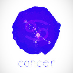 Vector illustration with Zodiac sign and constellation CANCER on a grunge ink background. Colorful.