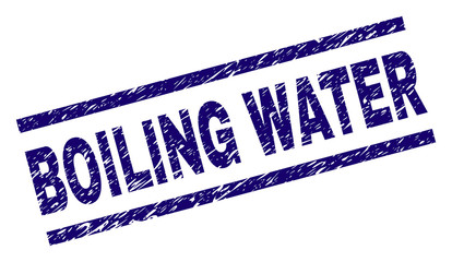 BOILING WATER seal print with distress style. Blue vector rubber print of BOILING WATER text with scratched texture. Text title is placed between parallel lines.