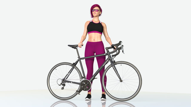 Girl with a bicycle, athletic woman in sports outfit standing next to a bike on white background, 3D rendering