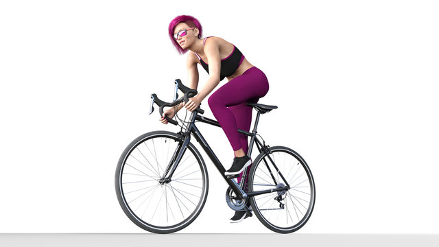 Girl with purple hair on bicycle, athletic woman in sports outfit riding a bike on white background, 3D rendering