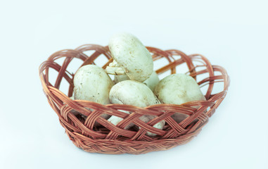 fresh mushrooms in a wicker basket.isolated on white.